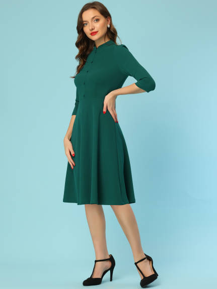 Allegra K- 3/4 Sleeves Stand Collar A-Line Dress