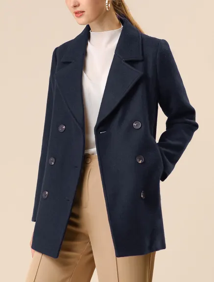 Allegra K- Notched Lapel Double-Breasted Overcoat