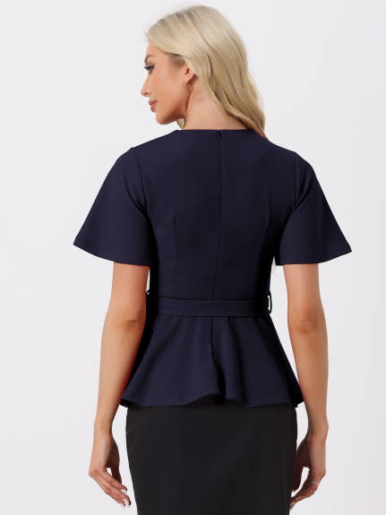 Allegra K - Bell Sleeve Belted Waist Peplum Top