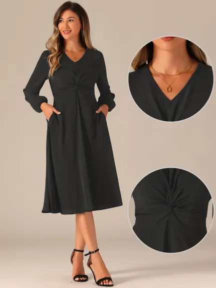 Allegra K - Twist Front Puff Sleeve Midi Dress