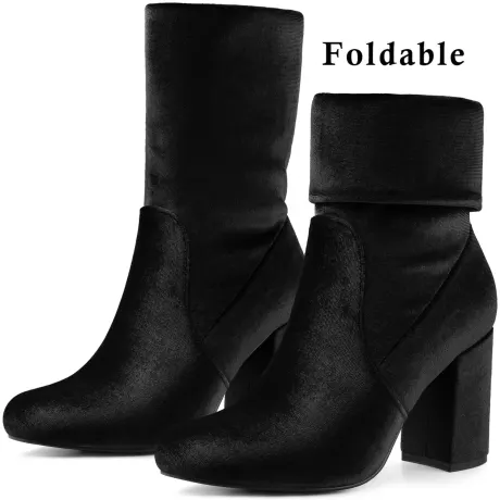 Allegra K- Round Toe Block Heels Foldable Mid Calf Boots