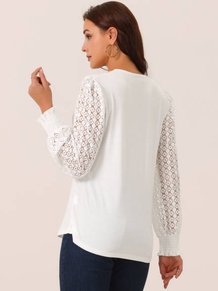 Allegra K - Lace V Neck Hallow Out Sleeve Blouse