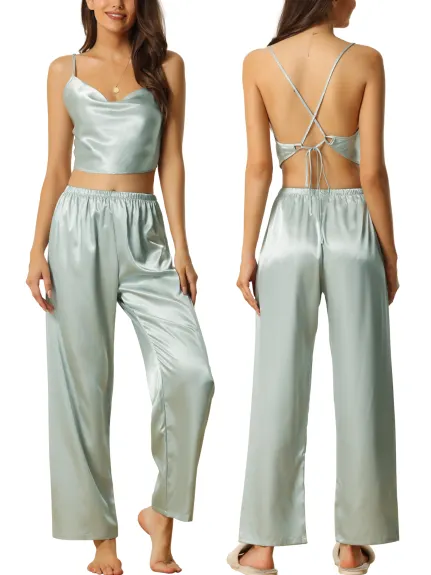 cheibear - Cowl Neck Crop Cami Top with Pants Lounge Set