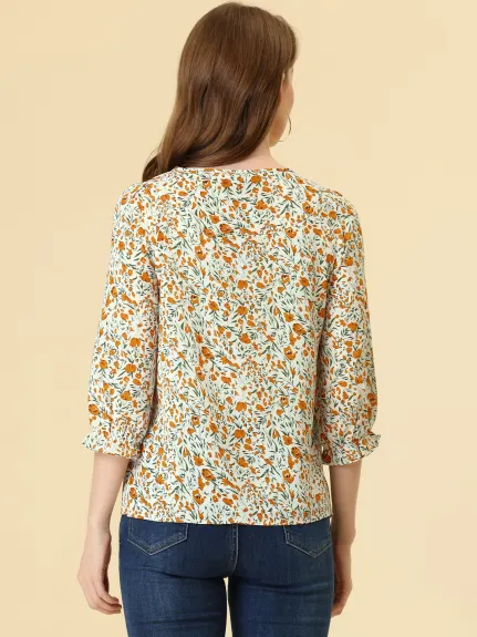 Allegra K- Tie V Neck Ruffled 3/4 Sleeve Floral Blouse