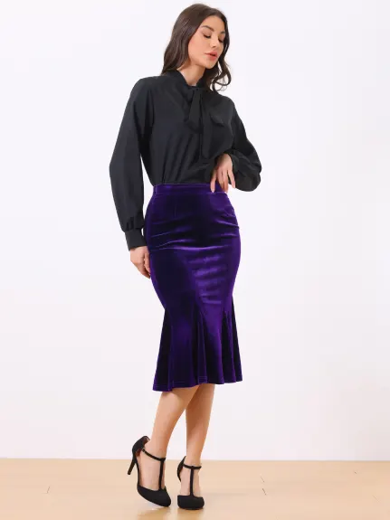 Allegra K- Elastic Waist Velvet Fishtail Bodycon Skirt