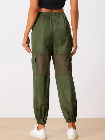 Allegra K- Mesh Panel Pant High Waist Sheer Elastic Baggy Cargo Pants