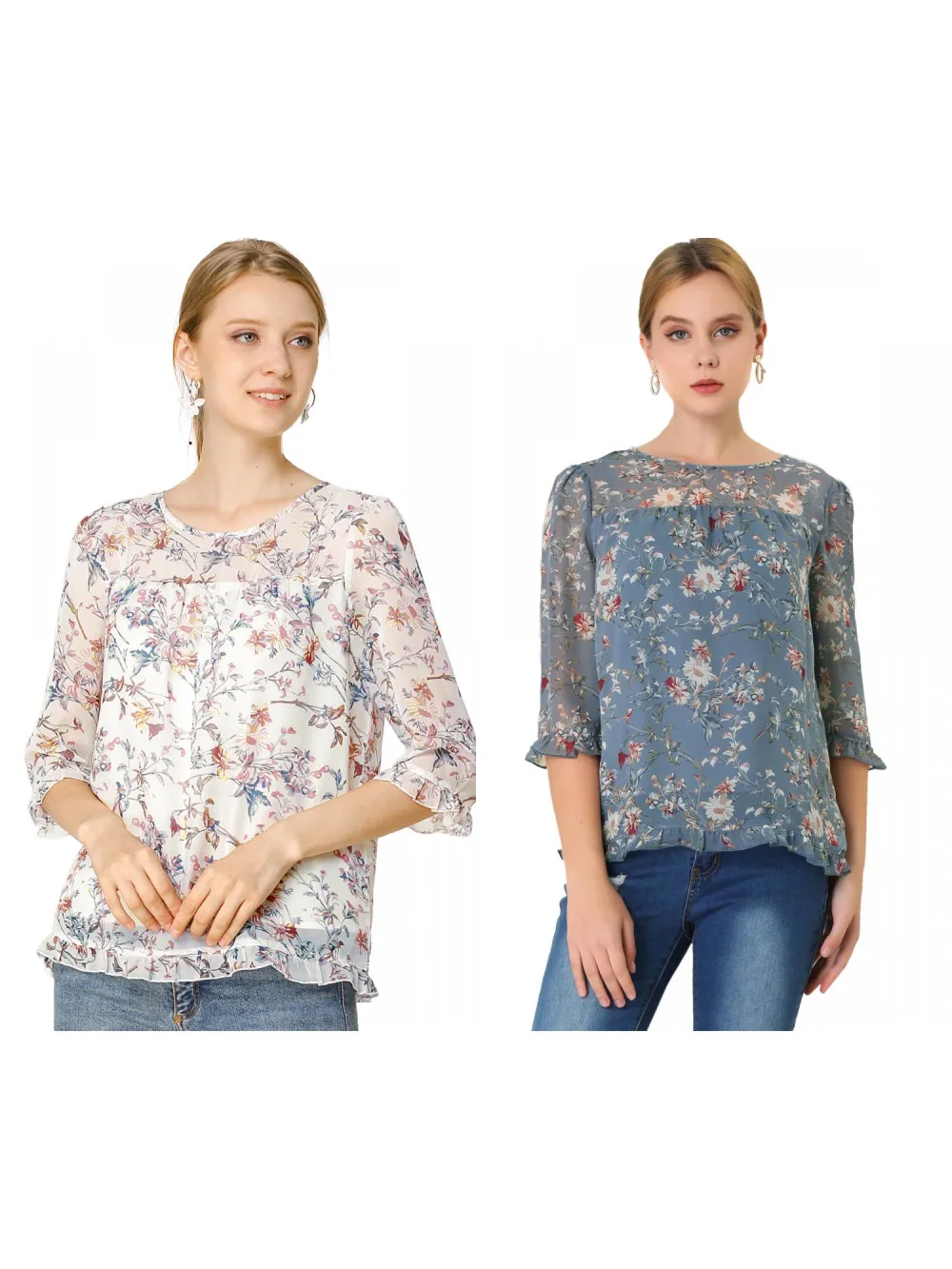 Allegra K- Floral Ruffled 3/4 Sleeve Chiffon Blouses