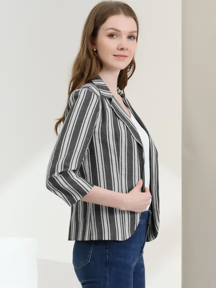 Allegra K- Casual Striped 3/4 Sleeves Open Front Notched Lapel Blazer