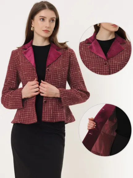 Allegra K- Vintage Tweed Plaid Notched Collar Blazer with Belt