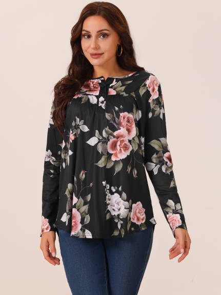 Allegra K - Floral Print Henley V Neck Tunic Top