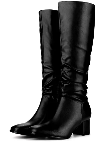 Allegra K - Slouch Square Toe Block Heel Knee High Boots