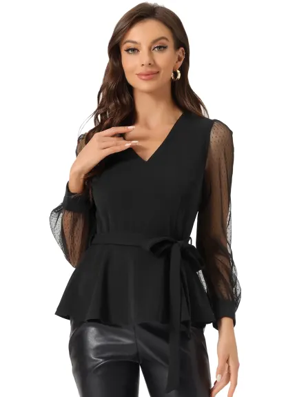 Allegra K - Mesh Long Sleeve Peplum Top with Belt