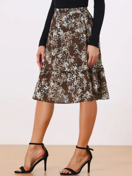 Allegra K- Ruffle Hem Tiered A-Line Floral Midi Skirt