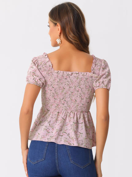 Allegra K- Floral Shirred Ruffle Peplum Top