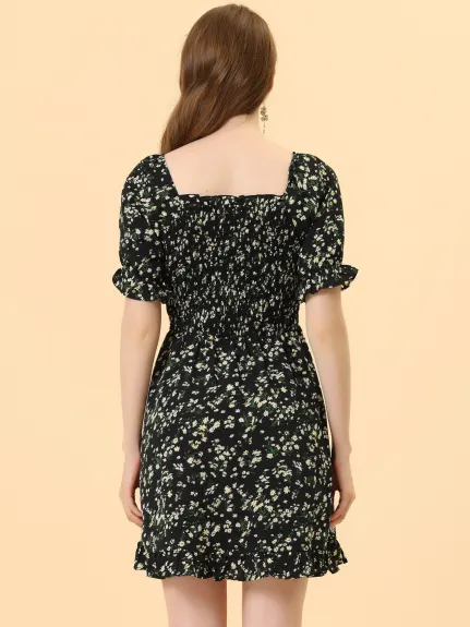 Allegra K- Puff Sleeve Square Neck Ruffled Hem Floral Smocked Dress