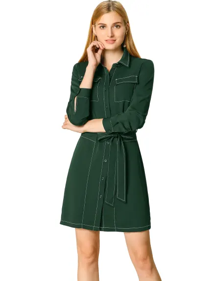 Allegra K- Button Up Belted Long Sleeve Shirt Dress