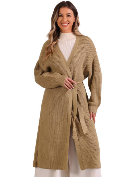 Allegra K - Open Front Sweater Belted Long Cardigan