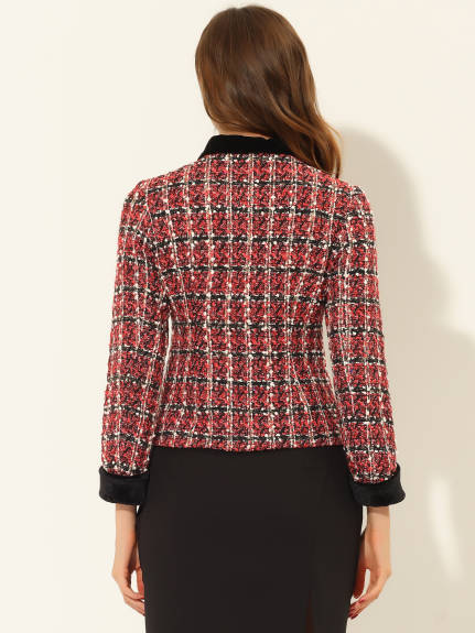 Allegra K- Elegant Velvet Collared Plaid Tweed Blazer