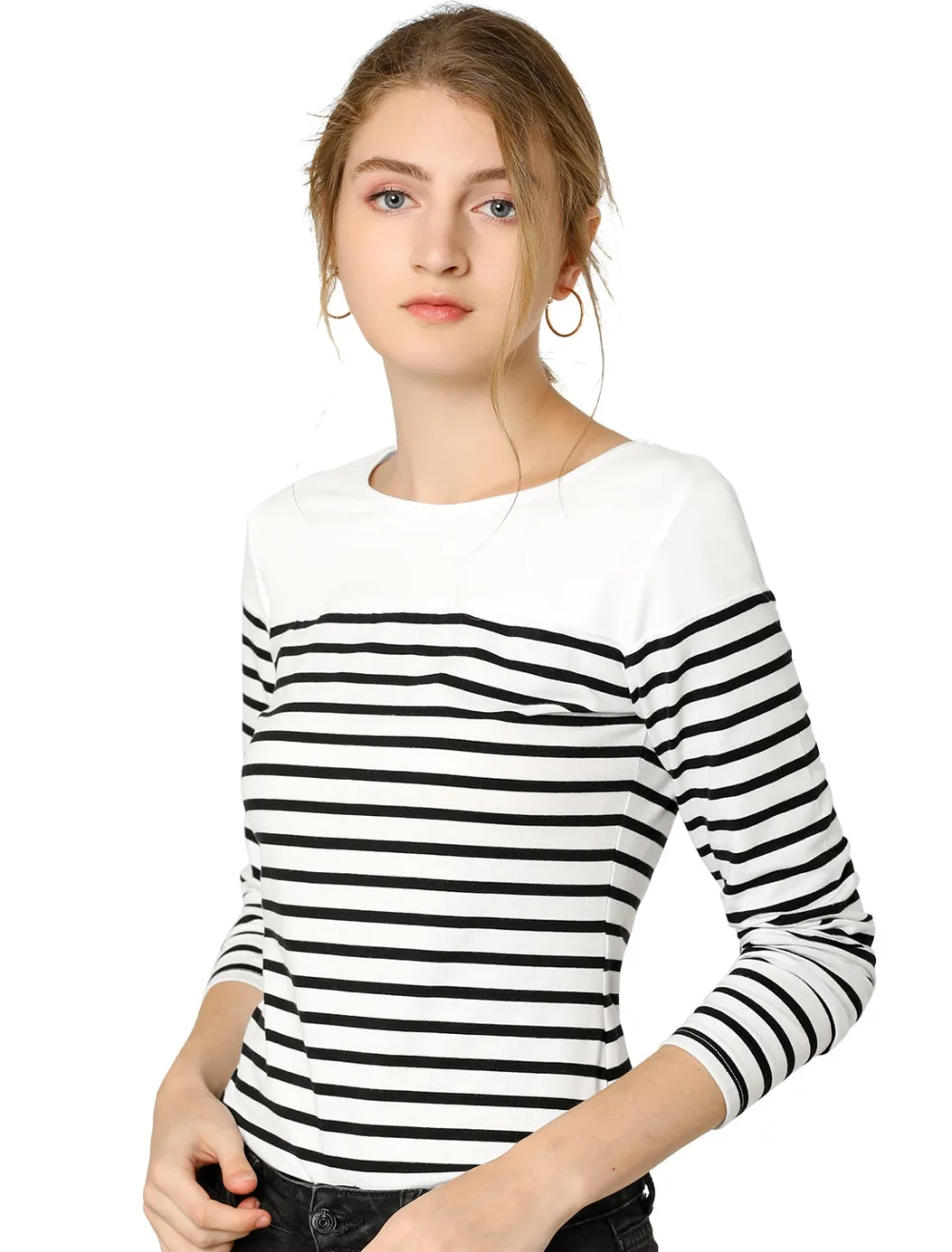 Allegra K- Striped T-Shirt Color Block Long Sleeve Round Neck