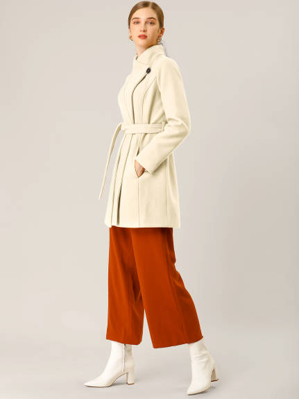 Allegra K- Classic Stand Collar Belted Long Coat