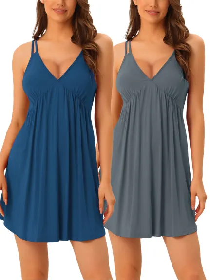 cheibear - Cami V Neck Mini Nightdress 2-Pack, Blue