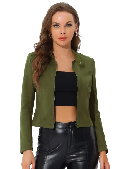 Allegra K- Faux Suede Stand Collar Cropped Motorcycle Jacket