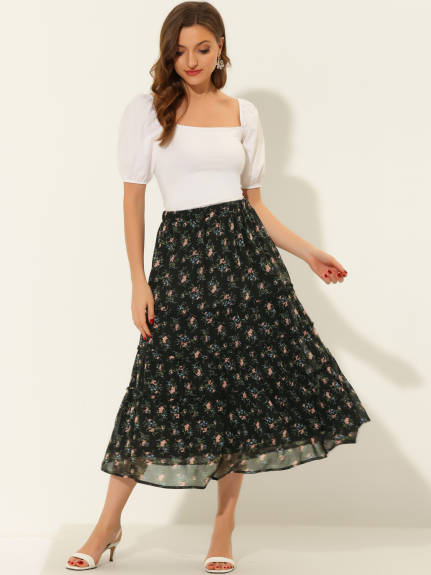 Allegra K- Floral Tiered A-Line Long Chiffon Skirt