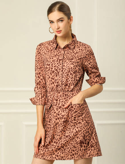 Allegra K- Leopard Button Half Placket Dress