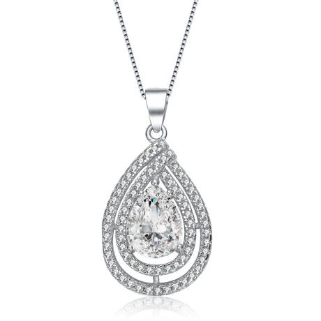 Genevive Sterling Silver White Gold Plated with Clear Cubic Zirconia Pear Shape Pendant