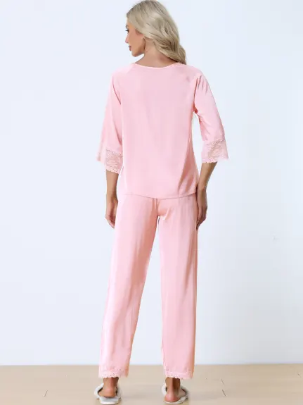 cheibear - Lace 3/4 Sleeves Lounge with Pants Pajama Set