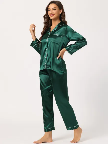 Allegra K - Satin Button Down Lounge Pajama Sets