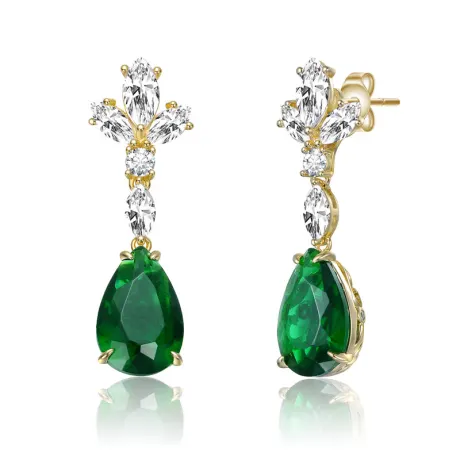 Genevive Sterling Silver 14k Gold Plated with Colored Cubic Zirconia Cluster Dangle Earrings