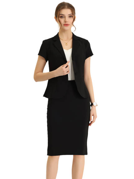 Allegra K- 2 Piece Suit Set Short Sleeve Blazer Jacket Pencil Skirt