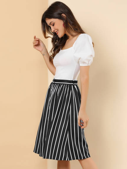 Allegra K - Button A-Line Striped Midi Skirt