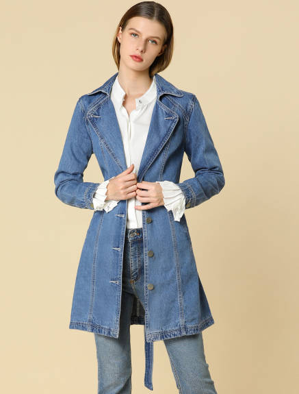 Allegra K- Notched Lapel Button Belted Long Denim Jacket