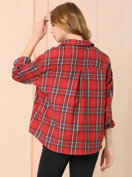 Allegra K- Button Down Pocket Oversized Plaid Shirt