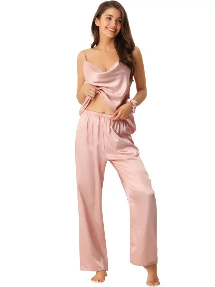 cheibear - Cowl Neck Cami Top with Pants Satin PJs Set