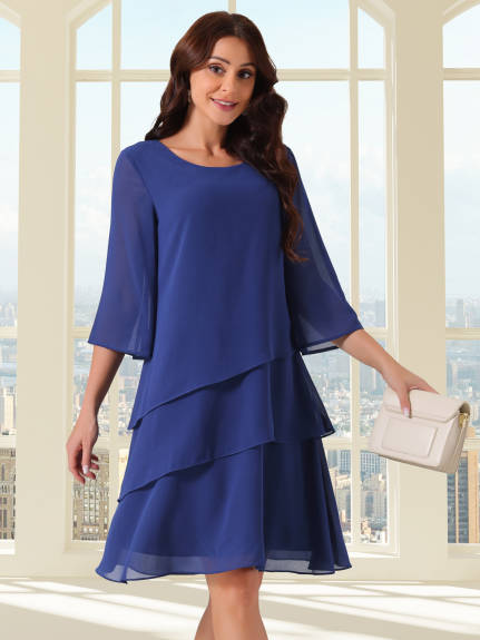 Allegra K - Chiffon Crewneck Tiered Layered Dress