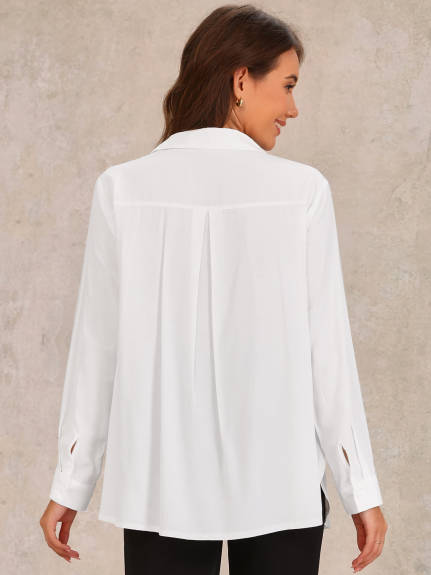 Allegra K - Button Down Side Slits Loose Shirt