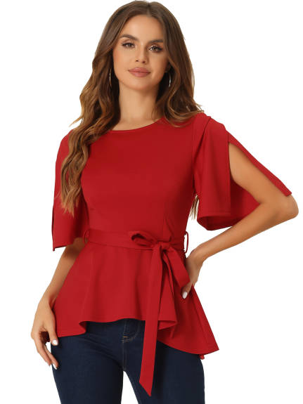 Allegra K- Split Half Short Sleeve Self Tie Waist Peplum Top