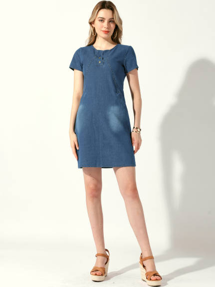 Allegra K - Short Sleeve Denim Dress with Side Pockets