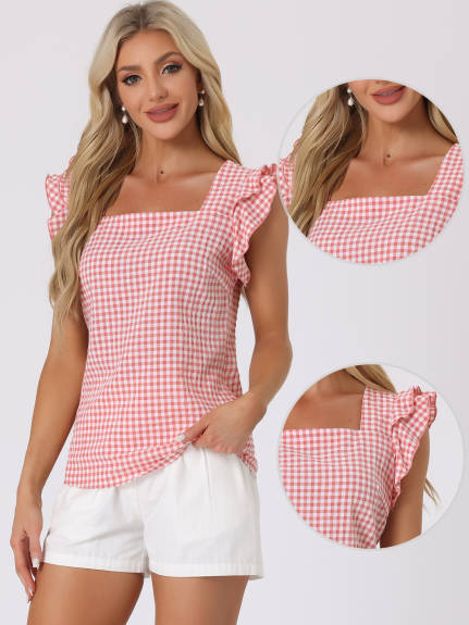 Allegra K - Summer Ruffle Sleeve Gingham Top