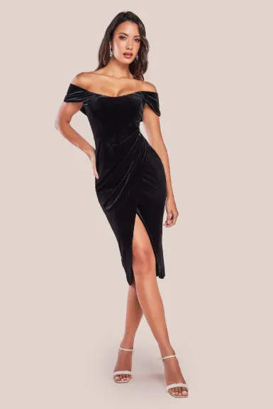 Goddiva - Draped Shoulder Velvet Corset Midi Dress