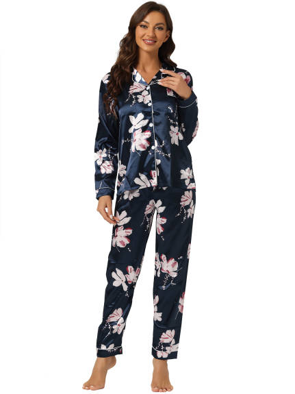 cheibear - Floral Sleep Shirt Long Pants Satin Pj Set