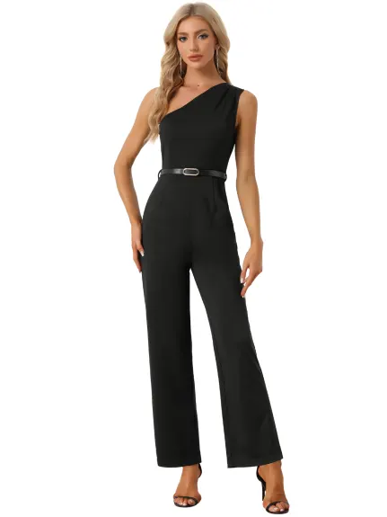 Allegra K - Elegant One-Shoulder Belted Jumpsuit