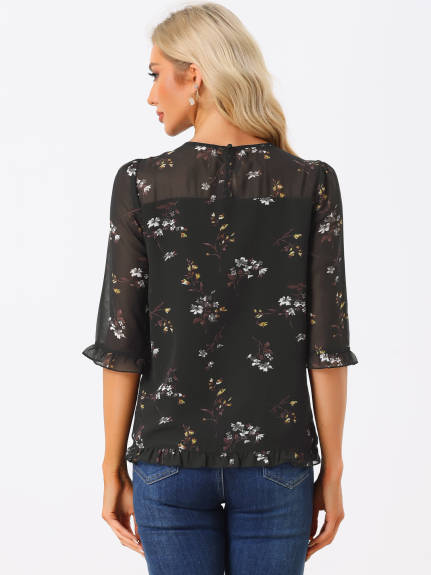 Allegra K- Floral Ruffled 3/4 Sleeve Blouses