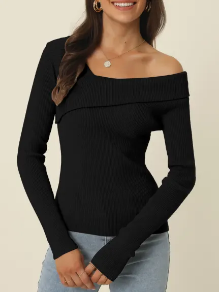 Allegra K- Long Sleeve V Neck Chocker Slim Fit Sweater Top