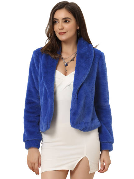 Allegra K- Cropped Jacket Lapel Long Sleeve Faux Fur Fluffy Coat