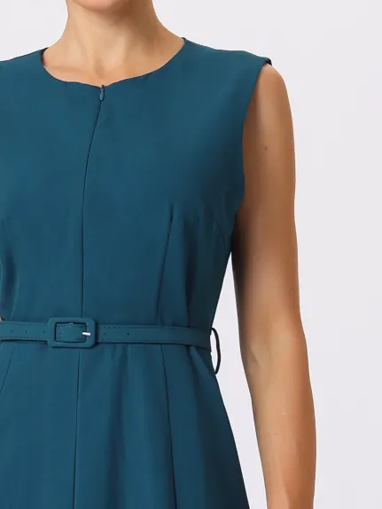 Hobemty- Sleeveless Zip Up Belted Fit and Flare Dress