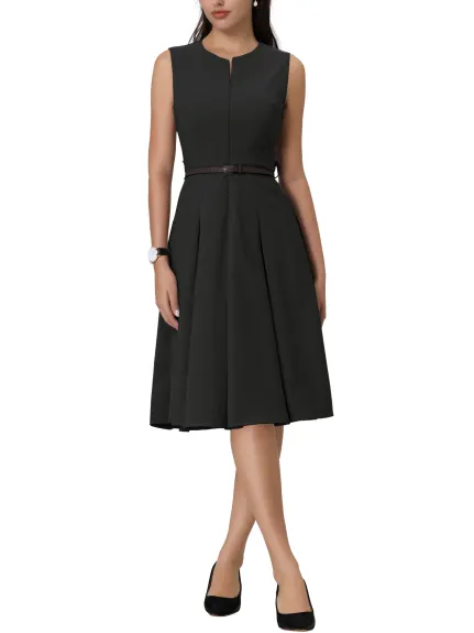 Hobemty- Sleeveless Zip Up Belted Fit and Flare Dress